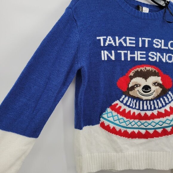 H&M Women Blue Sloth Take It Slow In The Snow Knit Oversize Sweater Size XS - Picture 3 of 10